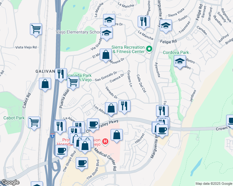 map of restaurants, bars, coffee shops, grocery stores, and more near 26671 Venado Drive in Mission Viejo