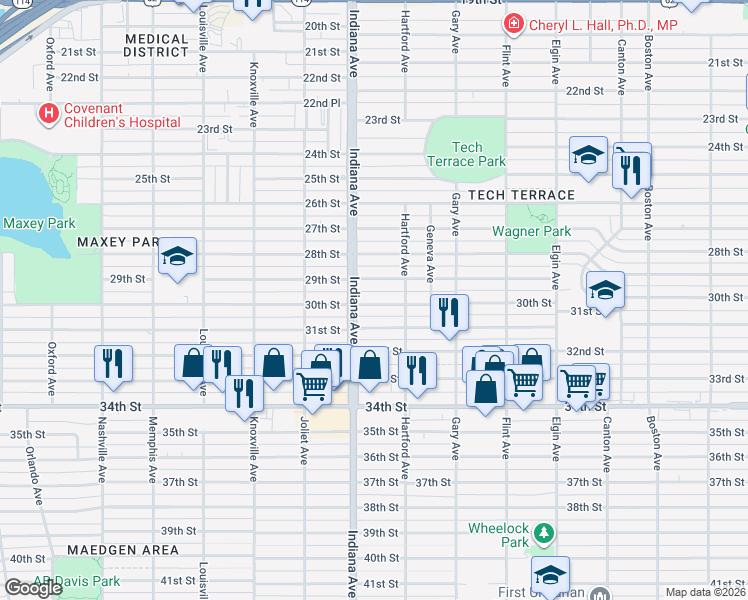 map of restaurants, bars, coffee shops, grocery stores, and more near 3318 30th Street in Lubbock