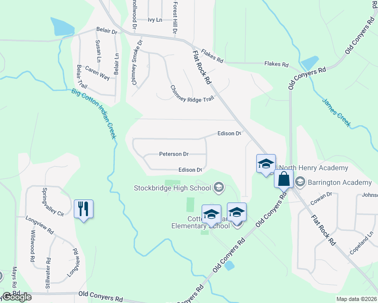 map of restaurants, bars, coffee shops, grocery stores, and more near 416 Peterson Drive in Stockbridge