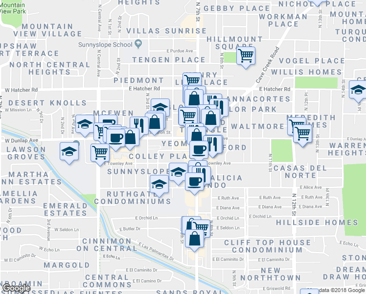 map of restaurants, bars, coffee shops, grocery stores, and more near 528 East Puget Avenue in Phoenix
