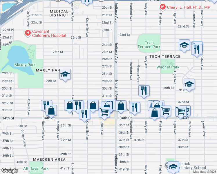 map of restaurants, bars, coffee shops, grocery stores, and more near 3414 30th Street in Lubbock