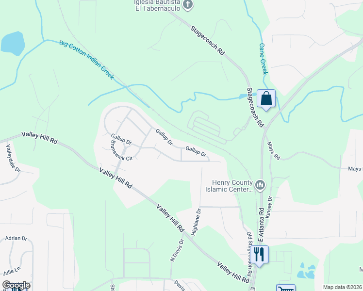 map of restaurants, bars, coffee shops, grocery stores, and more near 1588 Gallup Drive in Stockbridge