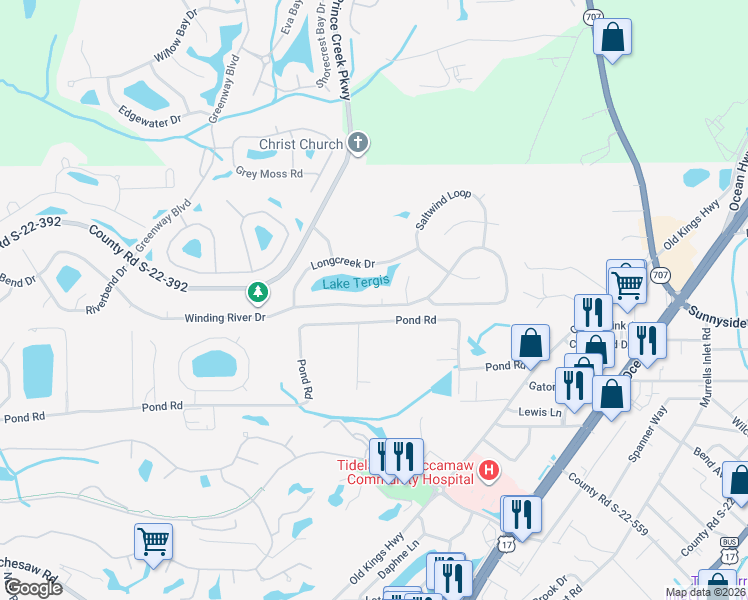 map of restaurants, bars, coffee shops, grocery stores, and more near 133 Winding River Drive in Murrells Inlet