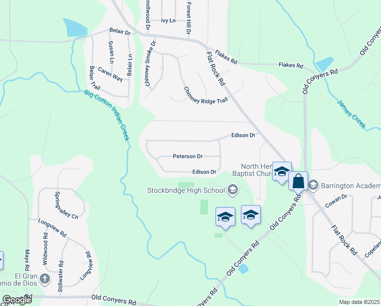 map of restaurants, bars, coffee shops, grocery stores, and more near 424 Peterson Drive in Stockbridge