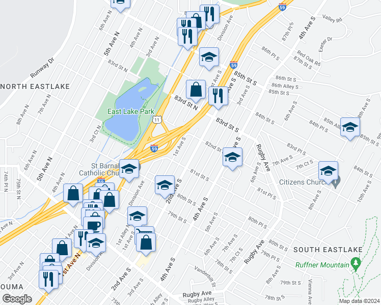 map of restaurants, bars, coffee shops, grocery stores, and more near 8128 2nd Avenue South in Birmingham