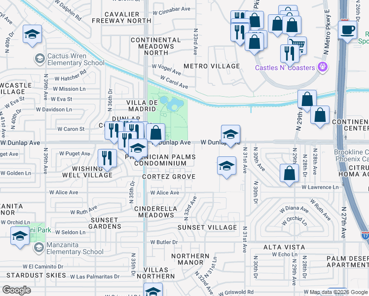 map of restaurants, bars, coffee shops, grocery stores, and more near 3333 West Dunlap Avenue in Phoenix
