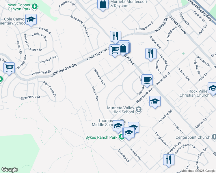 map of restaurants, bars, coffee shops, grocery stores, and more near 42336 Wildwood Lane in Murrieta
