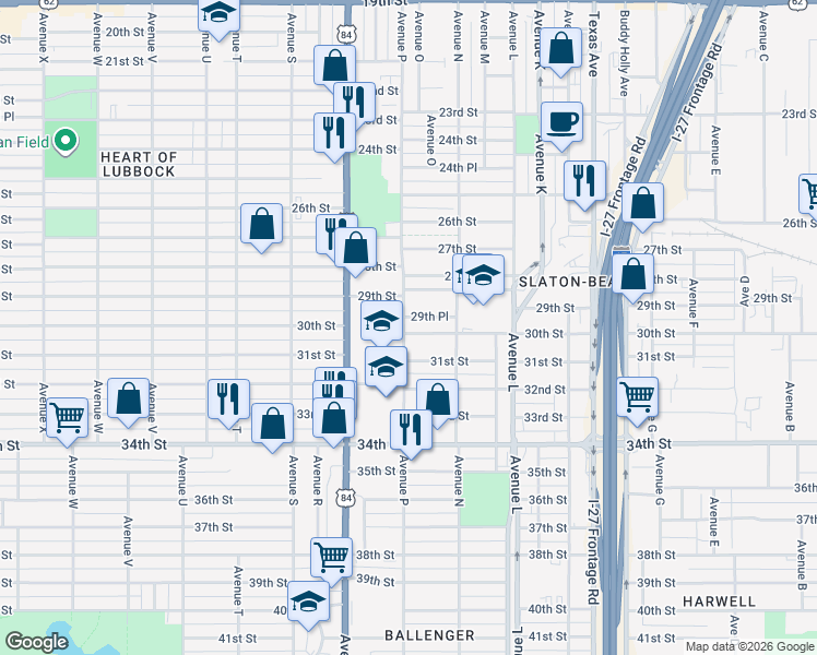 map of restaurants, bars, coffee shops, grocery stores, and more near 1530 30th Street in Lubbock