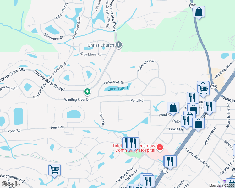 map of restaurants, bars, coffee shops, grocery stores, and more near 133 Winding River Drive in Murrells Inlet