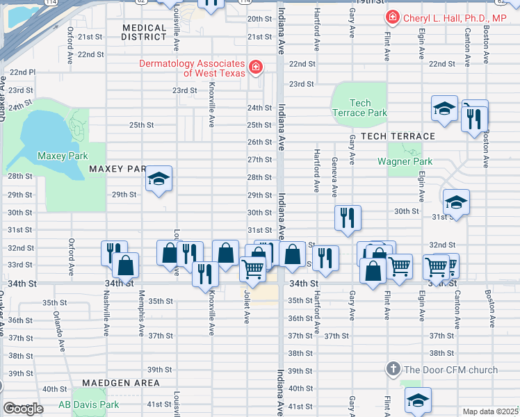 map of restaurants, bars, coffee shops, grocery stores, and more near 3414 30th Street in Lubbock