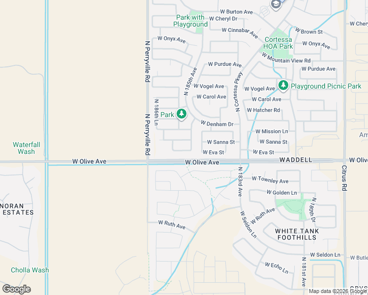 map of restaurants, bars, coffee shops, grocery stores, and more near 18510 West Eva Street in Waddell