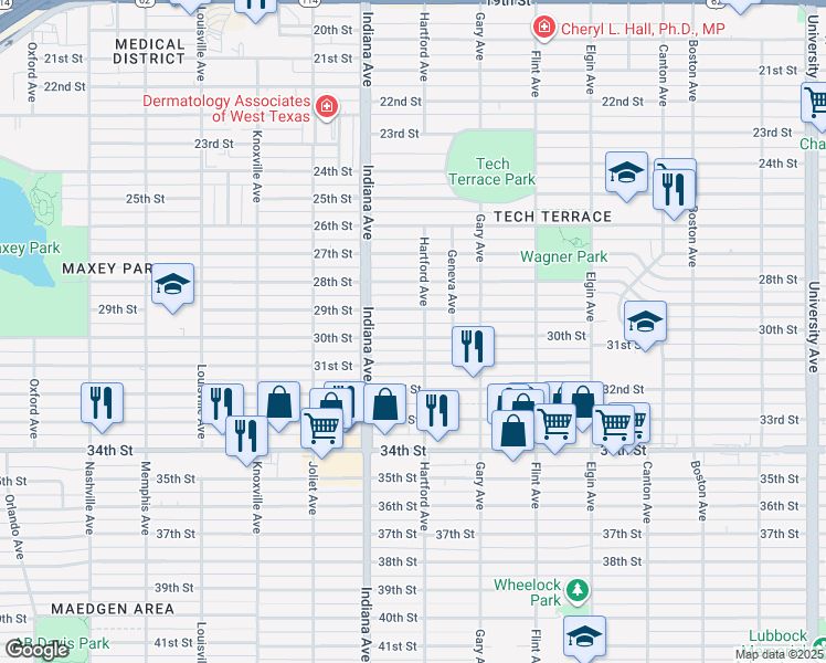 map of restaurants, bars, coffee shops, grocery stores, and more near 3304 30th Street in Lubbock