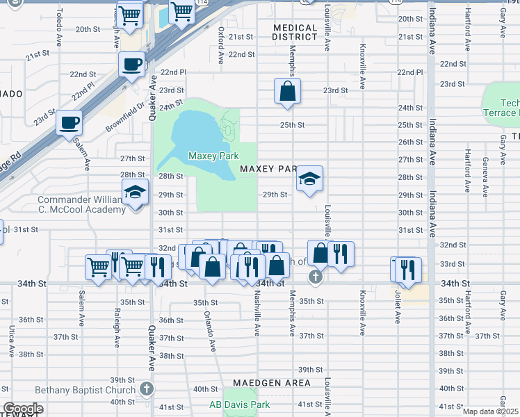 map of restaurants, bars, coffee shops, grocery stores, and more near 3820 30th Street in Lubbock