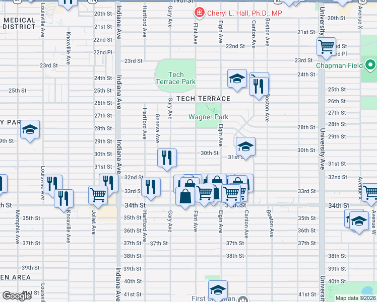 map of restaurants, bars, coffee shops, grocery stores, and more near 3101 30th Street in Lubbock