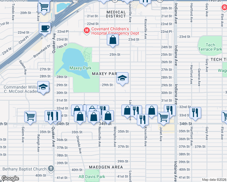 map of restaurants, bars, coffee shops, grocery stores, and more near 3802 30th Street in Lubbock