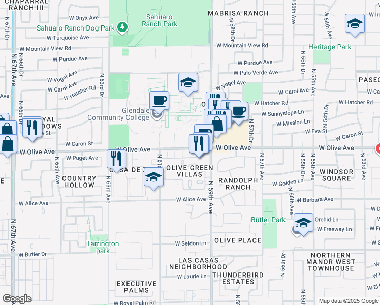 map of restaurants, bars, coffee shops, grocery stores, and more near 5959 West Olive Avenue in Glendale