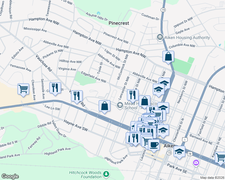 map of restaurants, bars, coffee shops, grocery stores, and more near 167 Kline Street Northwest in Aiken
