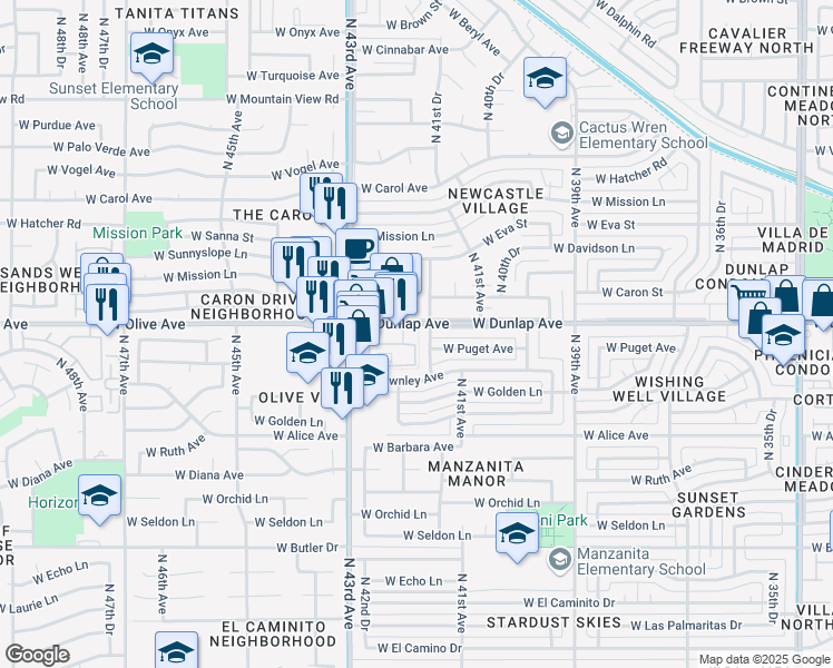 map of restaurants, bars, coffee shops, grocery stores, and more near 4215 West Dunlap Avenue in Phoenix