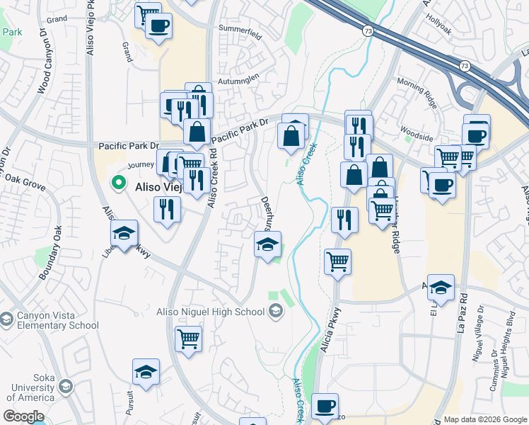map of restaurants, bars, coffee shops, grocery stores, and more near 22 Destiny Way in Aliso Viejo