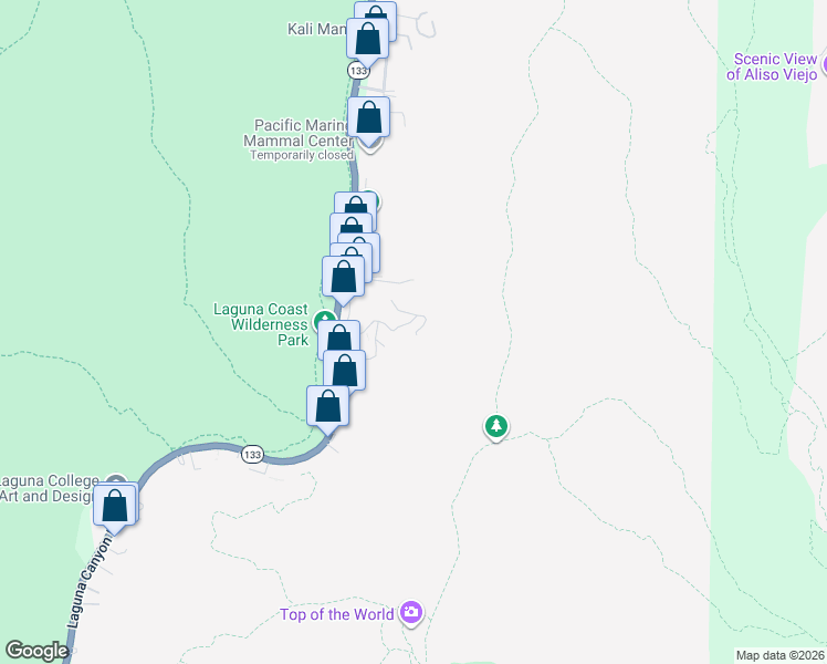 map of restaurants, bars, coffee shops, grocery stores, and more near 21172 Castle Rock Road in Laguna Beach