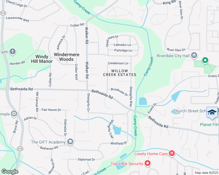 map of restaurants, bars, coffee shops, grocery stores, and more near 6884 Creekmoor Lane in Riverdale