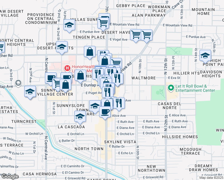 map of restaurants, bars, coffee shops, grocery stores, and more near 8931 N 7th St in Phoenix