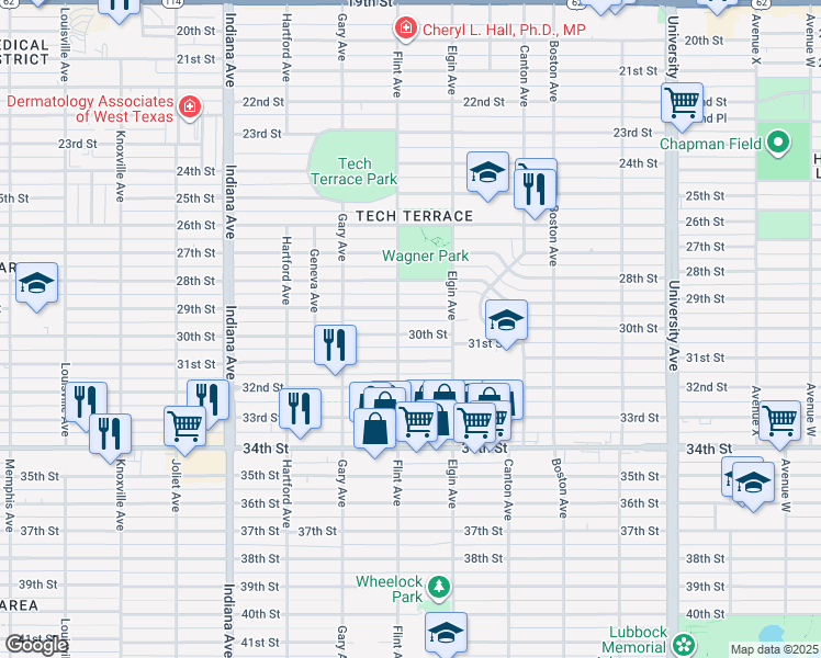 map of restaurants, bars, coffee shops, grocery stores, and more near 3101 30th Street in Lubbock