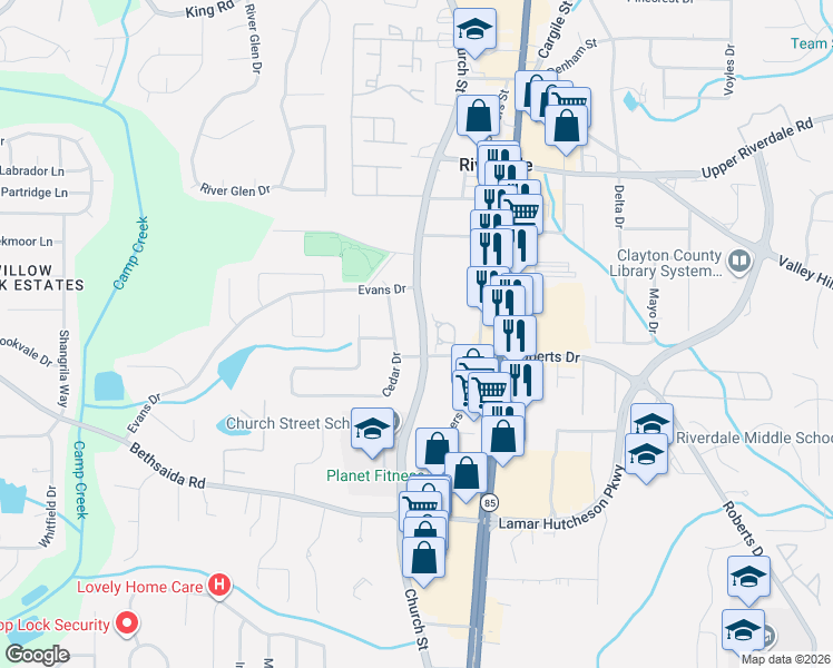 map of restaurants, bars, coffee shops, grocery stores, and more near 6886 Cedar Drive in Riverdale