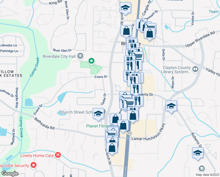 map of restaurants, bars, coffee shops, grocery stores, and more near 6873 Church Street in Riverdale