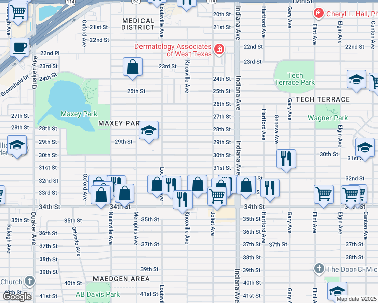 map of restaurants, bars, coffee shops, grocery stores, and more near 3520 30th Street in Lubbock