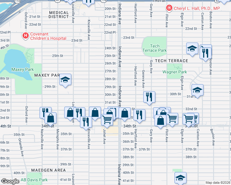 map of restaurants, bars, coffee shops, grocery stores, and more near 3414 30th Street in Lubbock