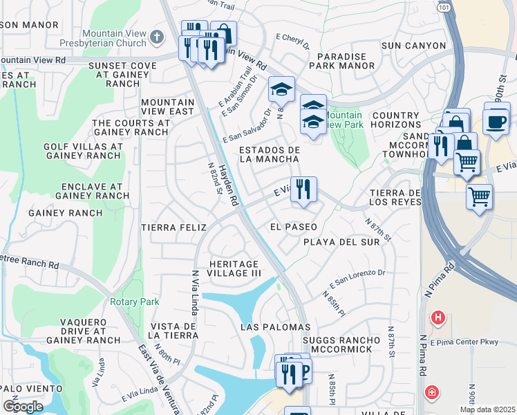 map of restaurants, bars, coffee shops, grocery stores, and more near 8340 East San Bernardo Drive in Scottsdale