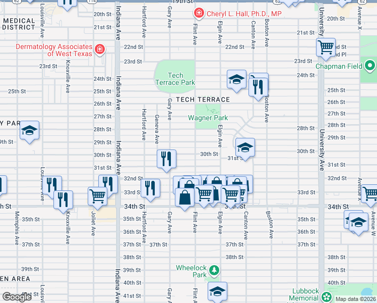 map of restaurants, bars, coffee shops, grocery stores, and more near 3106 30th Street in Lubbock