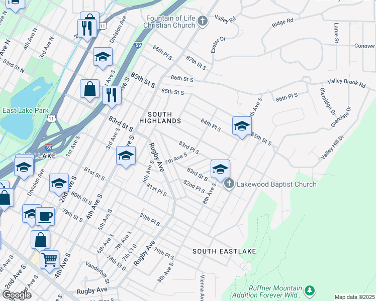 map of restaurants, bars, coffee shops, grocery stores, and more near 640 83rd Place South in Birmingham