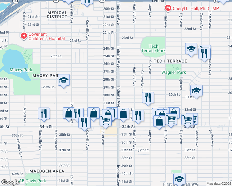 map of restaurants, bars, coffee shops, grocery stores, and more near 3318 30th Street in Lubbock