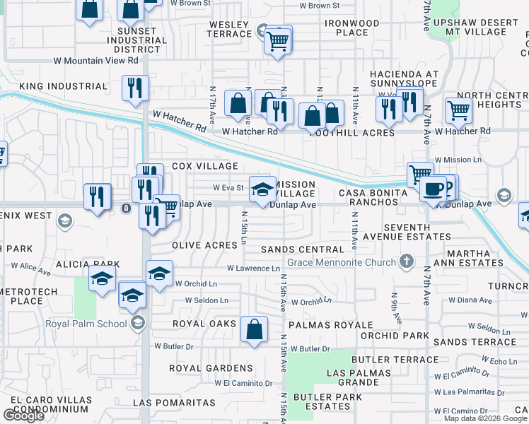 map of restaurants, bars, coffee shops, grocery stores, and more near 1535 West Dunlap Avenue in Phoenix