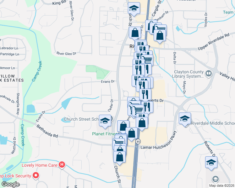map of restaurants, bars, coffee shops, grocery stores, and more near 6873 Church Street in Riverdale