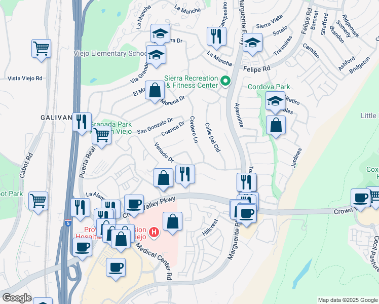 map of restaurants, bars, coffee shops, grocery stores, and more near 26801 Magdalena Lane in Mission Viejo