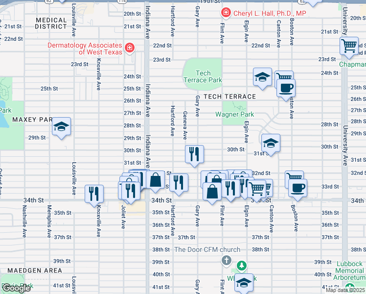 map of restaurants, bars, coffee shops, grocery stores, and more near 3210 30th Street in Lubbock