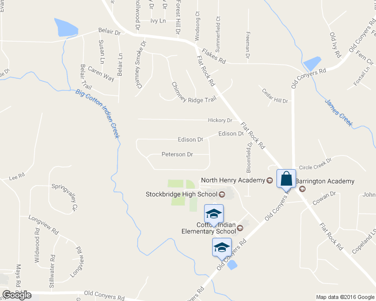 map of restaurants, bars, coffee shops, grocery stores, and more near 416 Peterson Dr in Stockbridge