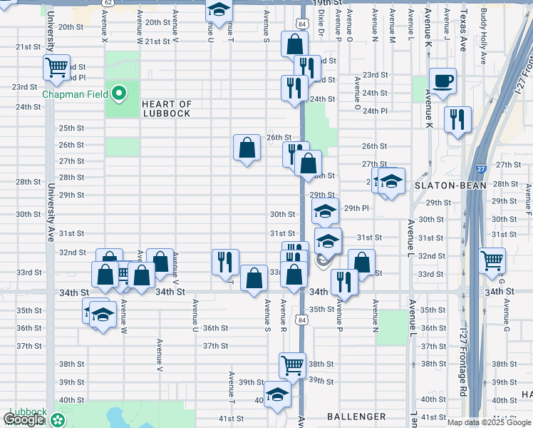 map of restaurants, bars, coffee shops, grocery stores, and more near 3001 Avenue S in Lubbock
