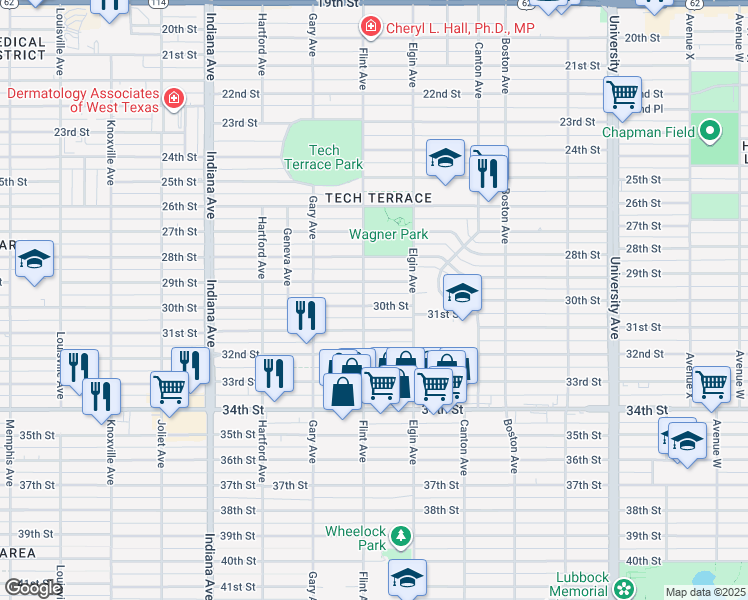map of restaurants, bars, coffee shops, grocery stores, and more near 3101 30th Street in Lubbock