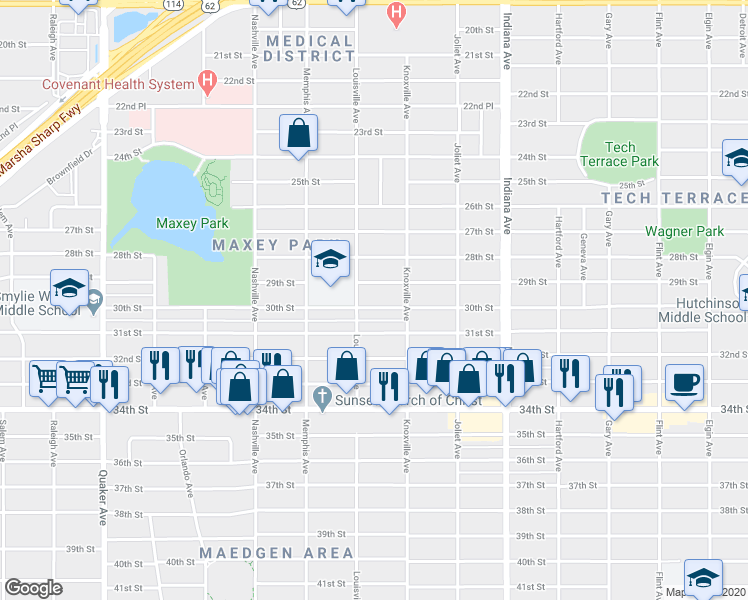 map of restaurants, bars, coffee shops, grocery stores, and more near 3614 30th Street in Lubbock