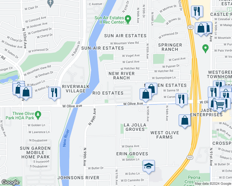 map of restaurants, bars, coffee shops, grocery stores, and more near 9680 West Olive Avenue in Peoria