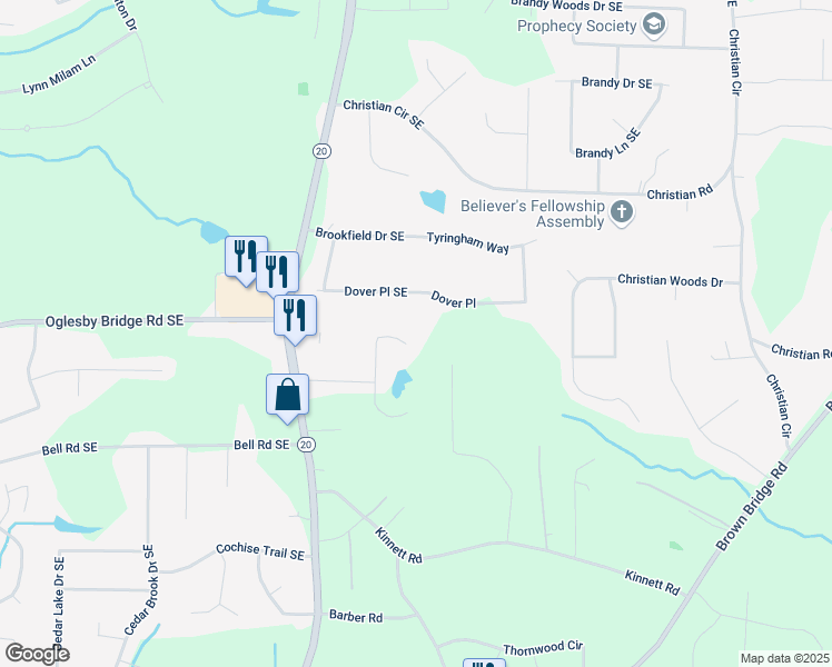 map of restaurants, bars, coffee shops, grocery stores, and more near 4561 North Woodlake Lane Southeast in Conyers