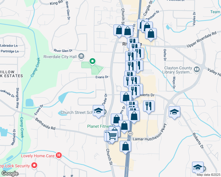 map of restaurants, bars, coffee shops, grocery stores, and more near 6873 Church Street in Riverdale