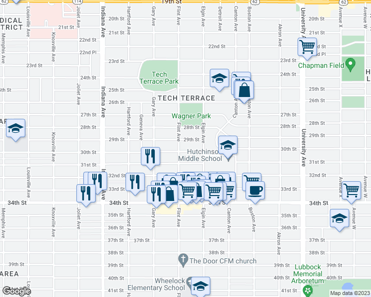 map of restaurants, bars, coffee shops, grocery stores, and more near 3016 30th Street in Lubbock