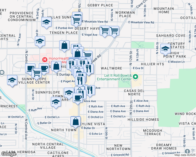 map of restaurants, bars, coffee shops, grocery stores, and more near 8939 North 8th Street in Phoenix