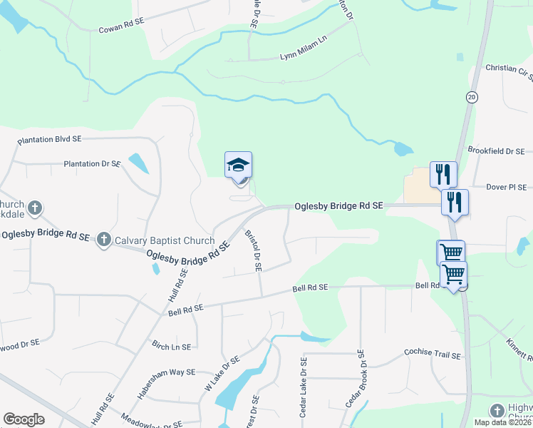 map of restaurants, bars, coffee shops, grocery stores, and more near 589 Oglesby Bridge Road Southeast in Conyers