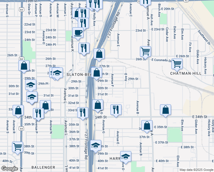 map of restaurants, bars, coffee shops, grocery stores, and more near 710 30th Street in Lubbock